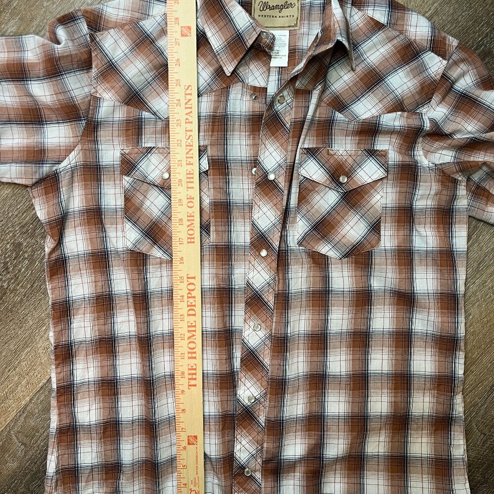 Wrangler Western Brown Plaid Short Sleeve Shirt - Pearl Snap - Men's Large - Picture 4 of 9